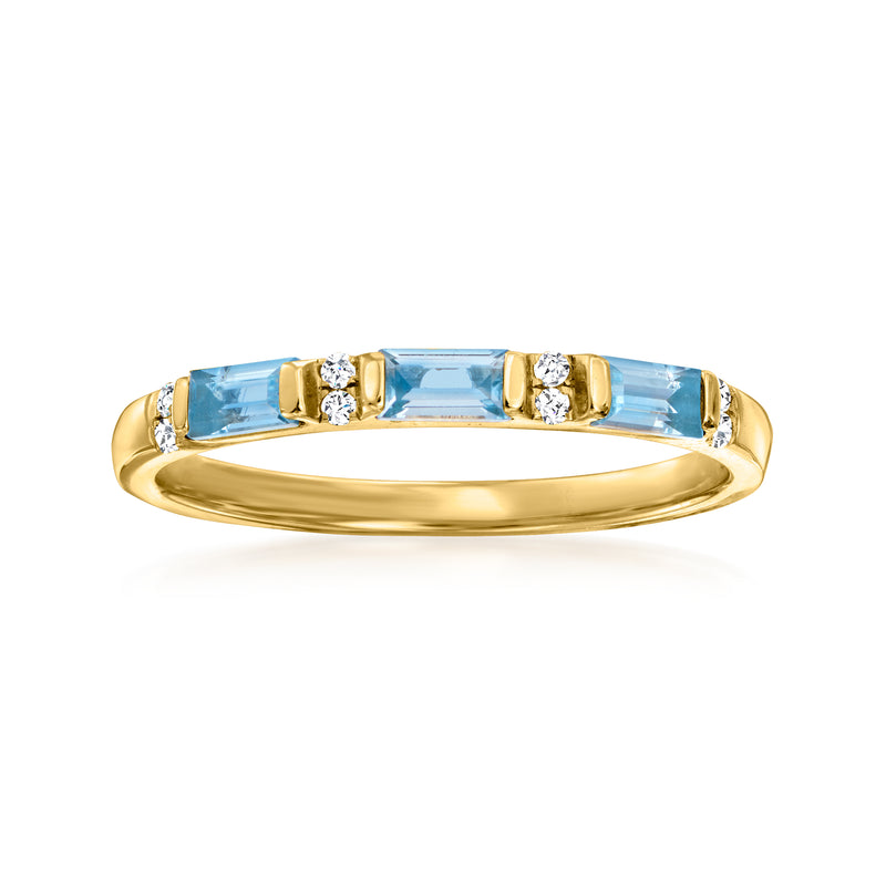 14kt yellow gold ring with rectangular sky blue topaz and diamond accents