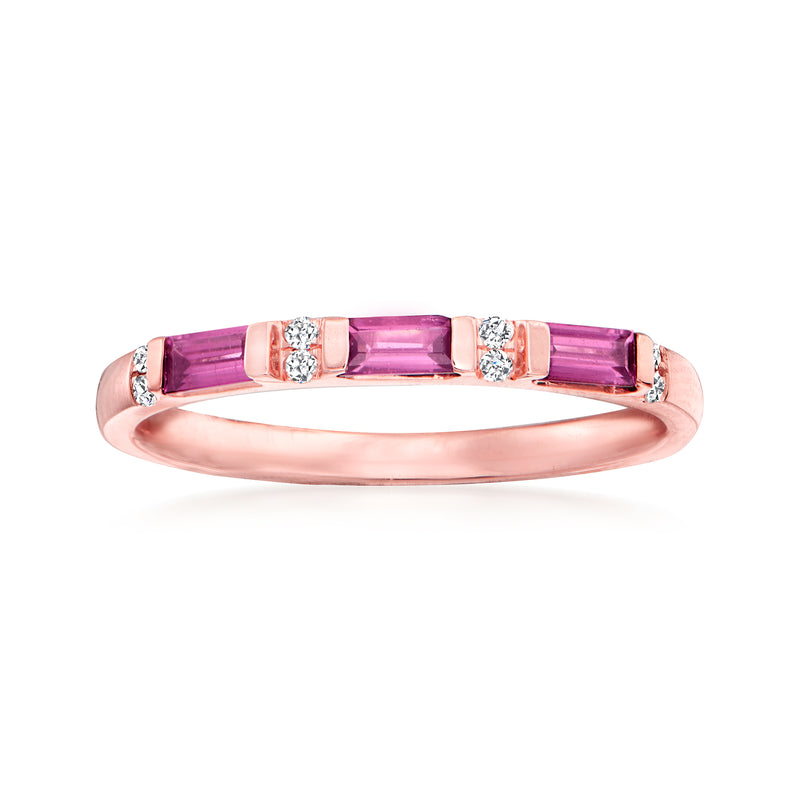 14kt rose gold ring with rhodolite garnet rectangles and diamond accents
