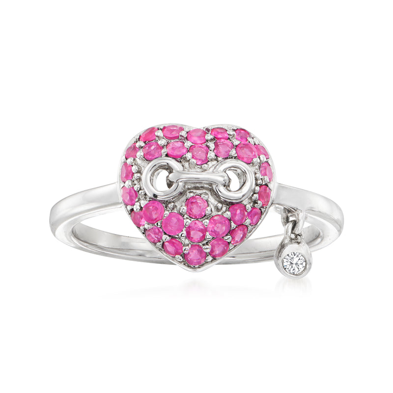 Sterling silver heart ring with pink ruby-style stones and small diamond accent