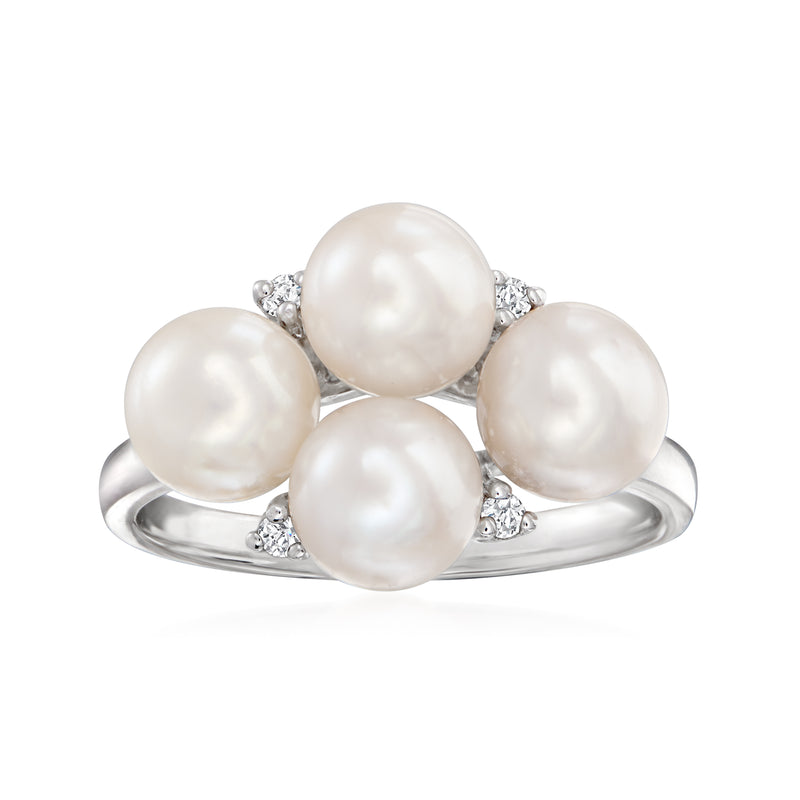 Sterling silver ring with four cultured pearl cabochons and diamond accents
