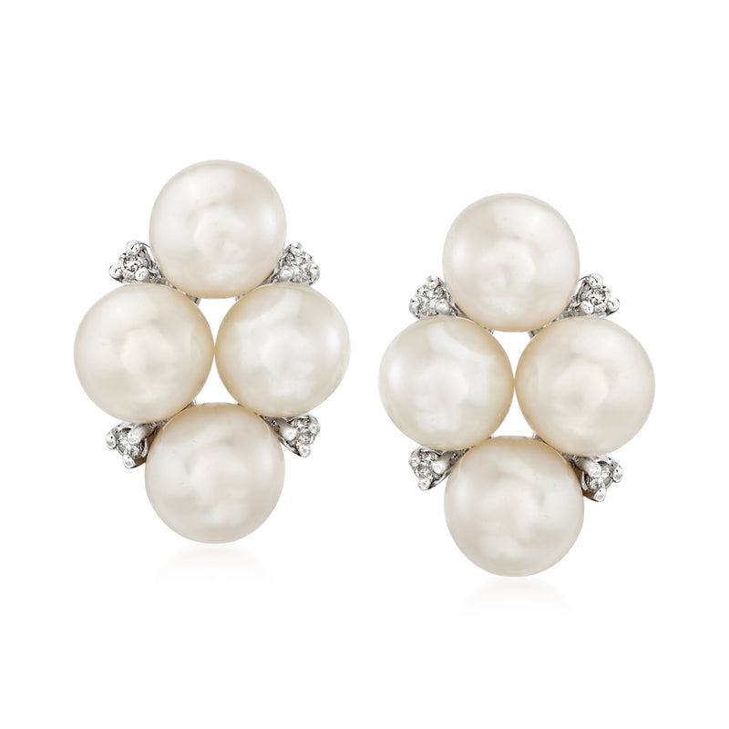 Cultured pearl and diamond cluster stud earrings in sterling silver, five round pearls