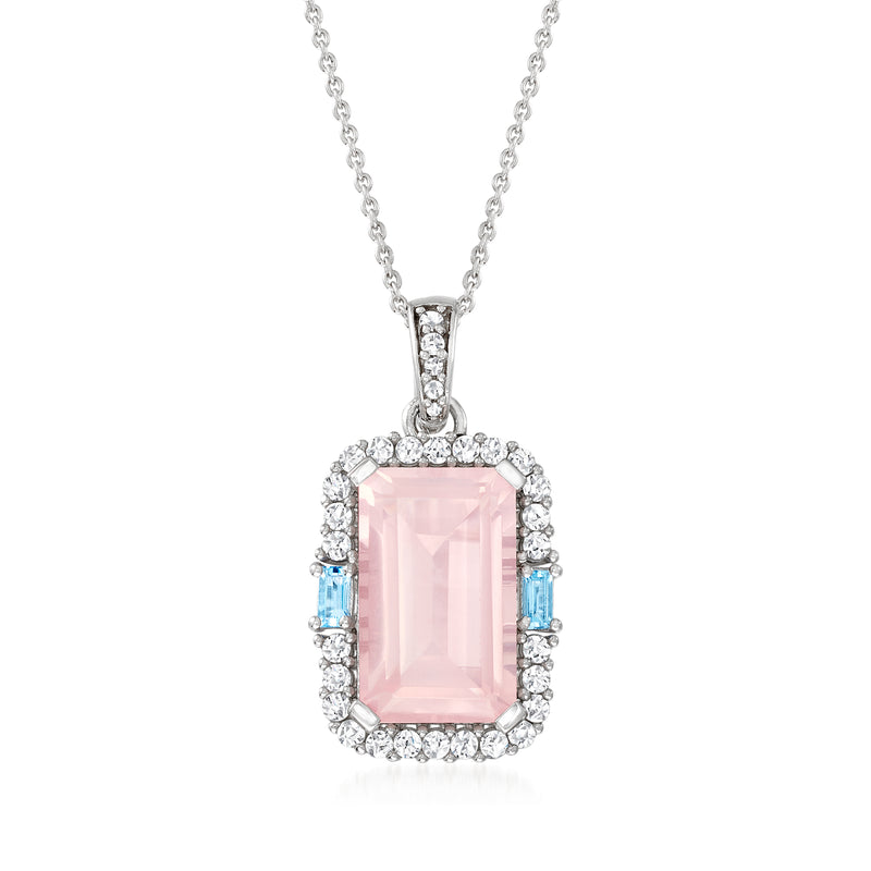 Sterling silver pendant necklace with pink rose quartz center, blue topaz accents, white zircons