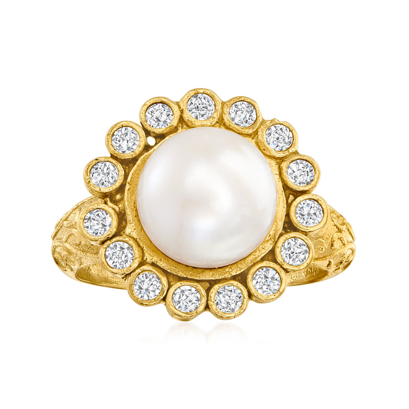Gold-tone cultured pearl halo ring with round CZ accents and split band