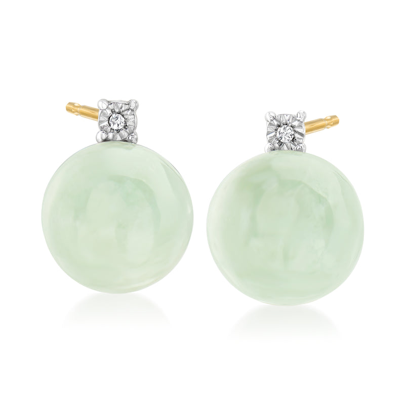 Mint-green jade drop earrings with diamond cluster tops and gold posts