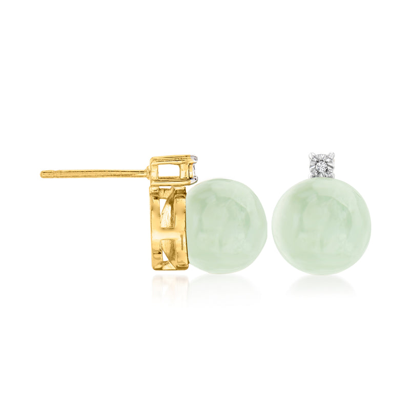 Mint-green jade drop earrings showing gold hinge-back and round jade drops