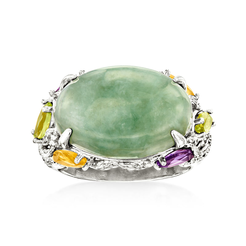 Sterling silver multi-gemstone ring with large oval green jade and small colored stones