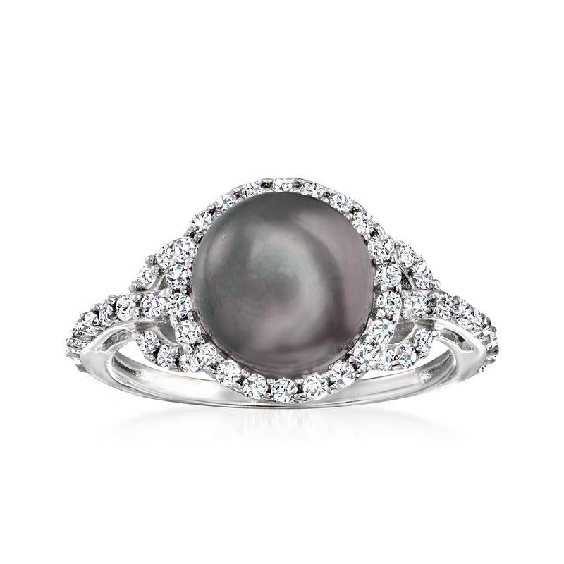 Sterling silver ring with large black cultured pearl and round CZ halo, side stones