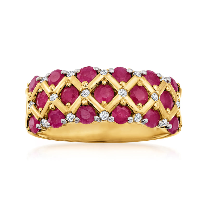 Gold over sterling ruby and diamond chevron ring with round red stones and sparkle accents