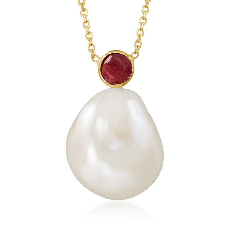 14kt yellow gold necklace with cultured pearl drop and ruby bezel accent