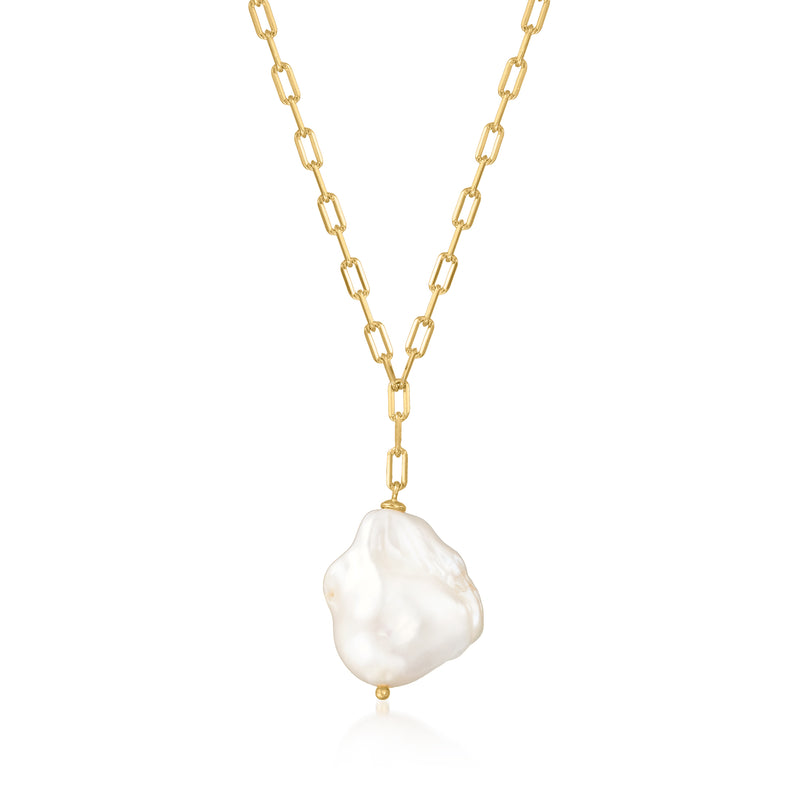 Gold over sterling paper-clip link necklace with baroque pearl pendant