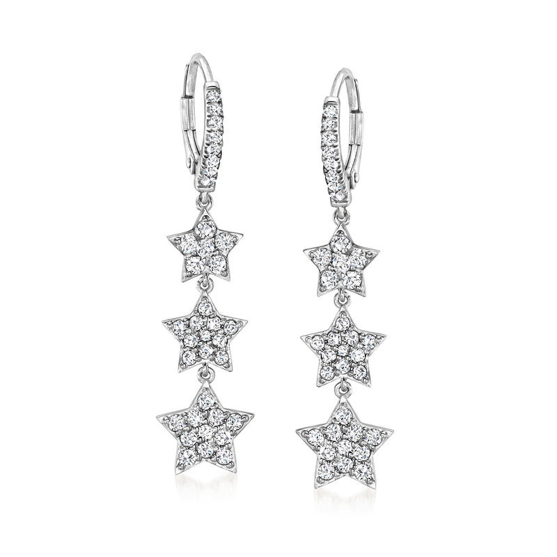 Sterling silver CZ triple-star drop earrings with leverbacks, three dangling star charms