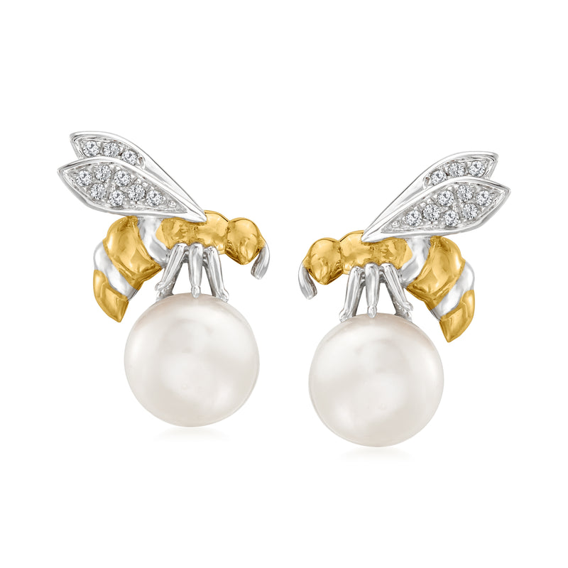 Two-tone sterling silver bumblebee post earrings with white pearl and diamond accents