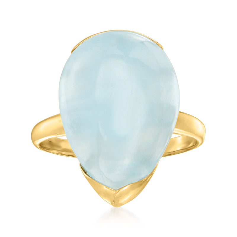 Milky aquamarine pear-shaped ring in 14kt yellow gold with slim band