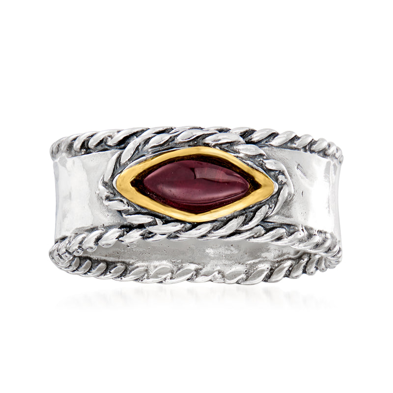 Garnet ring with braided sterling silver band, marquise oval garnet in yellow gold bezel