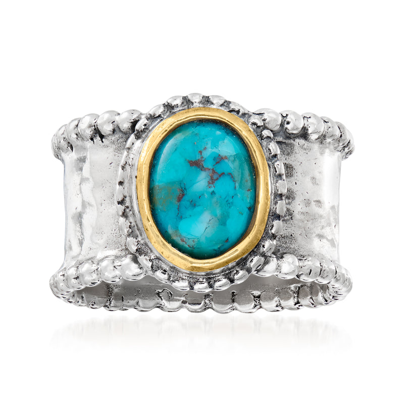 Turquoise oval ring with sterling silver scalloped band and 14kt yellow gold bezel