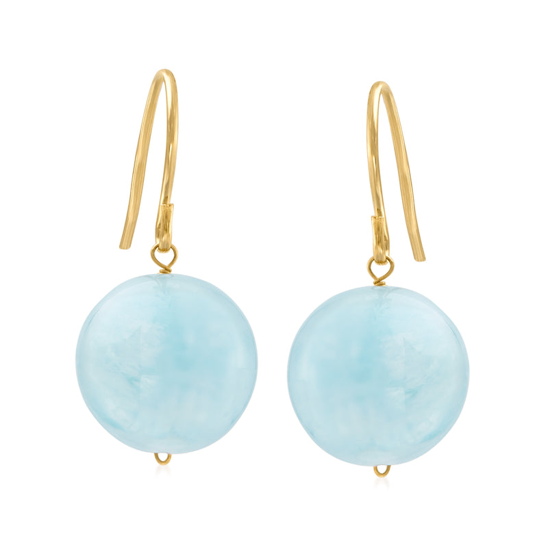 14kt yellow gold earwire drop earrings with round aquamarine-blue gemstone