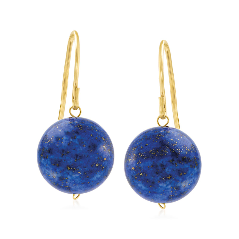 14kt yellow gold lapis round drop earrings with blue stone spheres