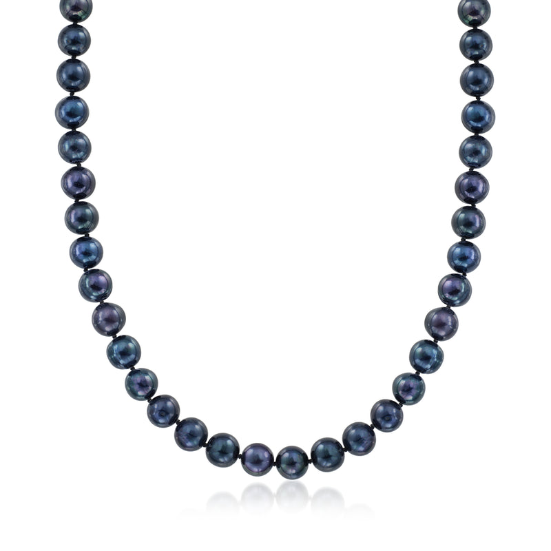 Black cultured pearl necklace with round beads, dark blue-black luster