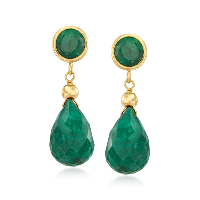 14kt yellow gold drop earrings with green teardrop gems and round top bezels
