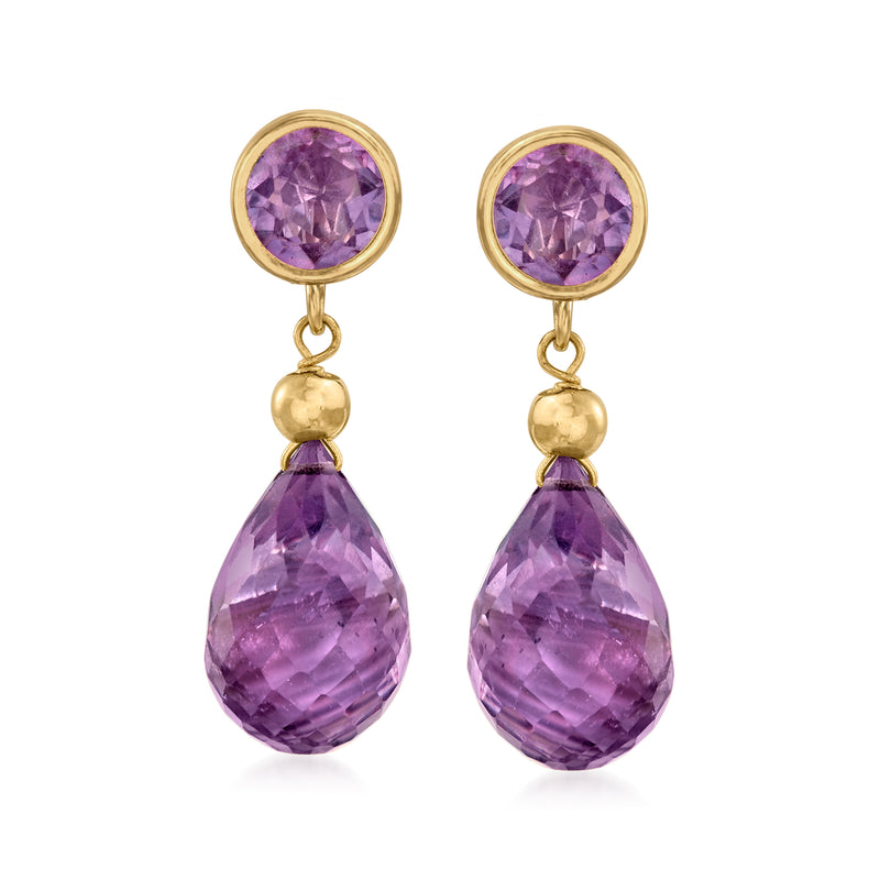 14kt yellow gold amethyst drop earrings, round and pear purple stones