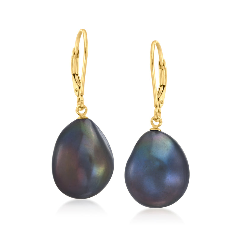 Baroque dark pearl drop earrings with 14kt yellow gold leverback hooks