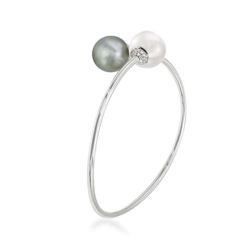 11-12mm Black Cultured Tahitian and White Cultured South Sea Pearl Bypass Bangle Bracelet with .20 ct. t.w. Diamonds in 18kt White Gold. 7.5"
