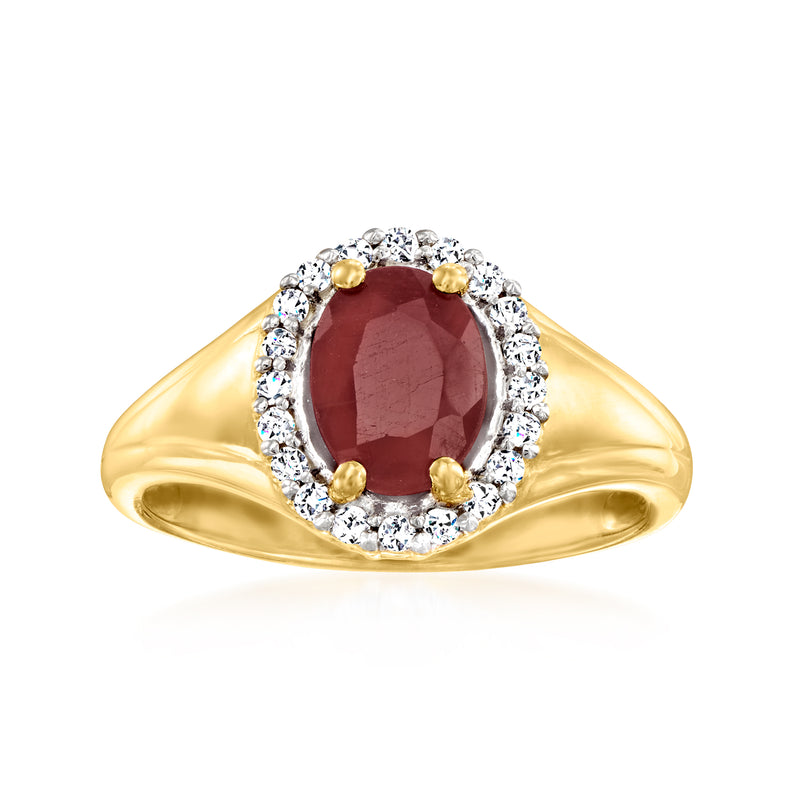 Gold over sterling ring with oval ruby center, white topaz halo, and yellow accents