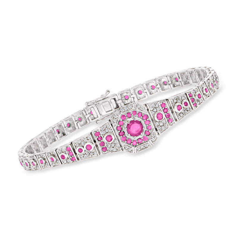 Sterling silver bracelet with pink ruby stones and white diamond accents, geometric center setting