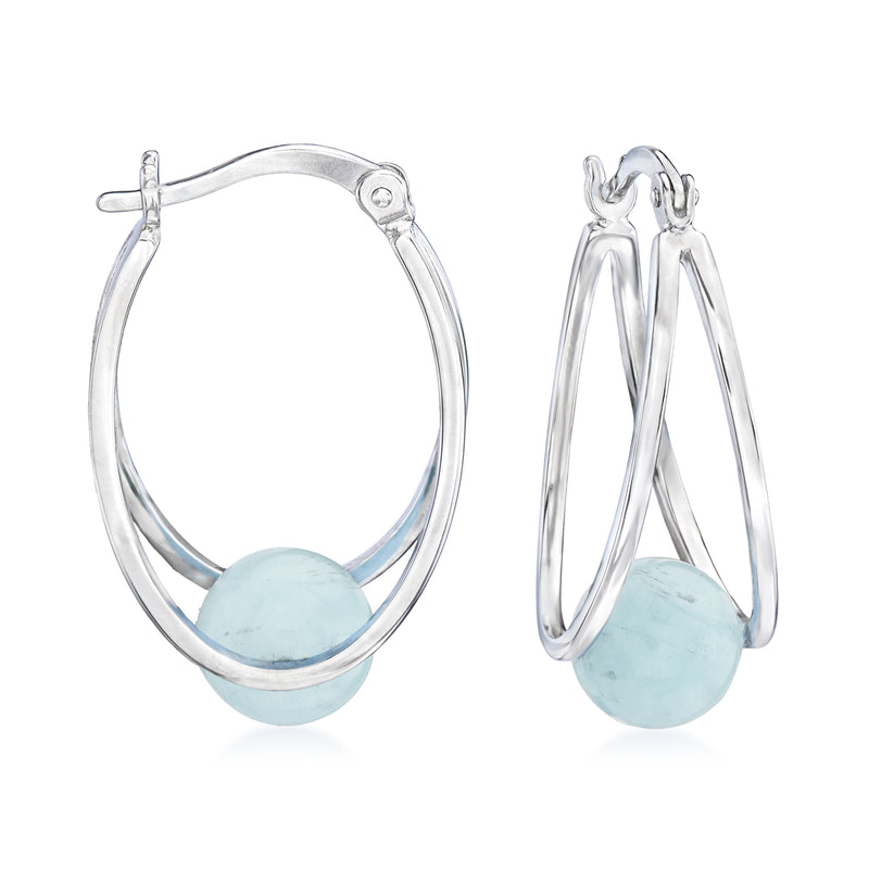 Sterling silver double-hoop earrings with oval light blue aquamarine gemstone