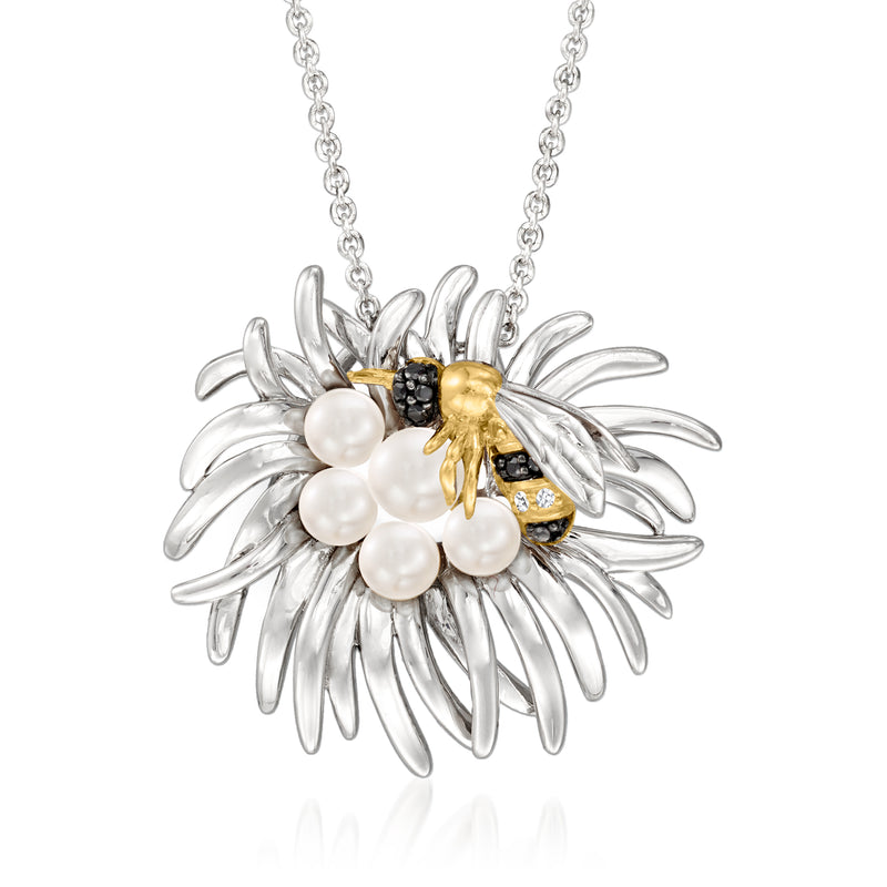 Two-tone sterling silver necklace with cultured pearl flower and bumblebee charm pendant