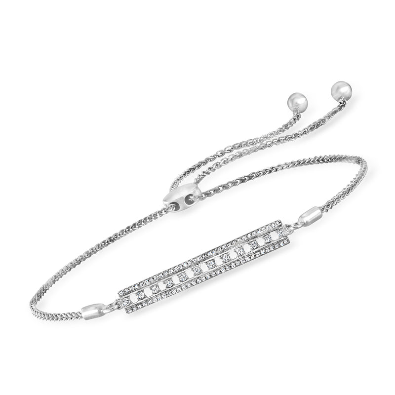 Sterling silver diamond bolo bracelet with rectangular bar center and beaded ends