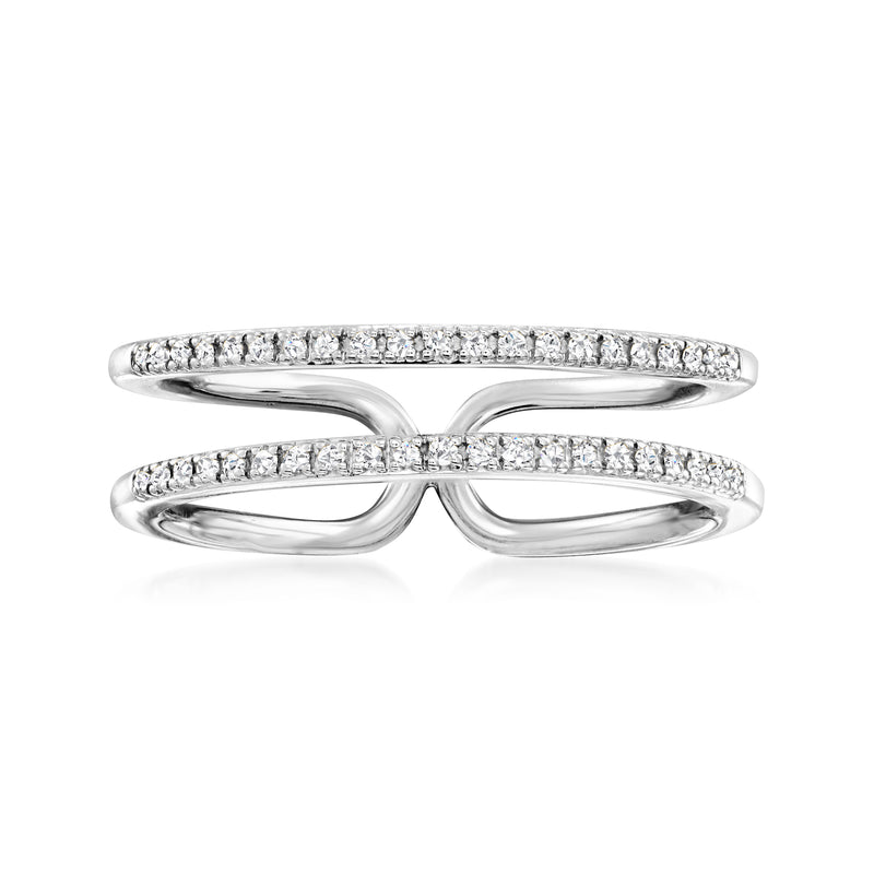 Sterling silver open-space diamond two-row ring, curved double band