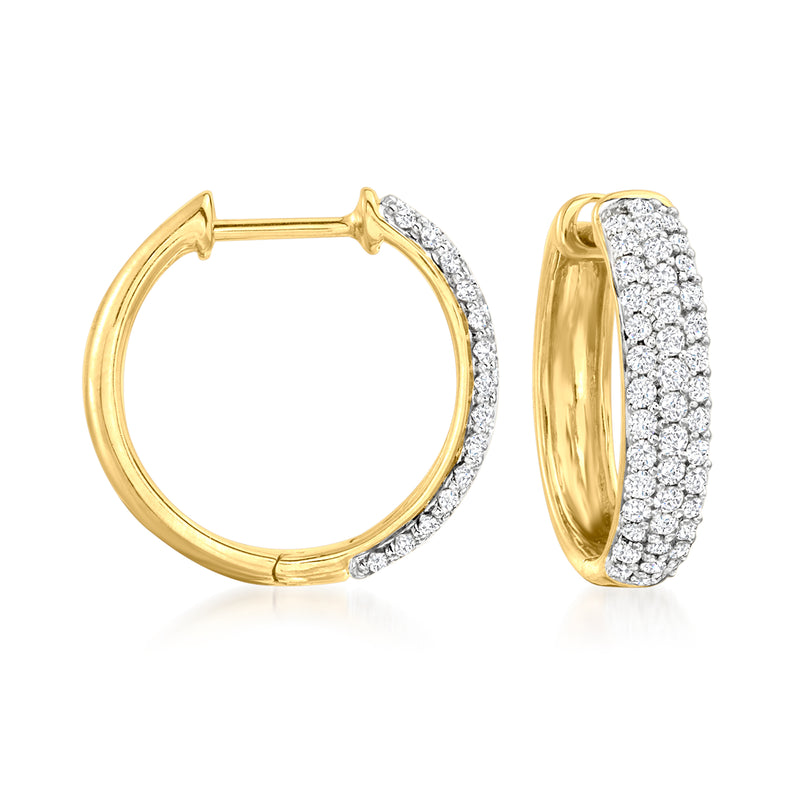 Pave diamond hoop earrings in 18kt gold over sterling, front and side view