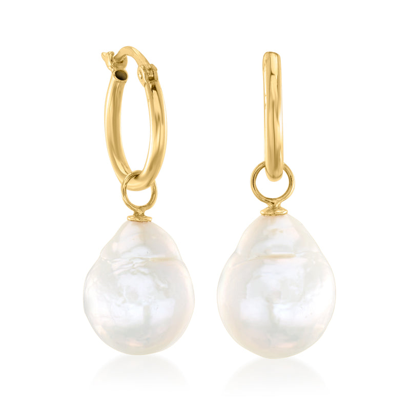14kt yellow gold hoop drop earrings with white baroque cultured pearls, front view