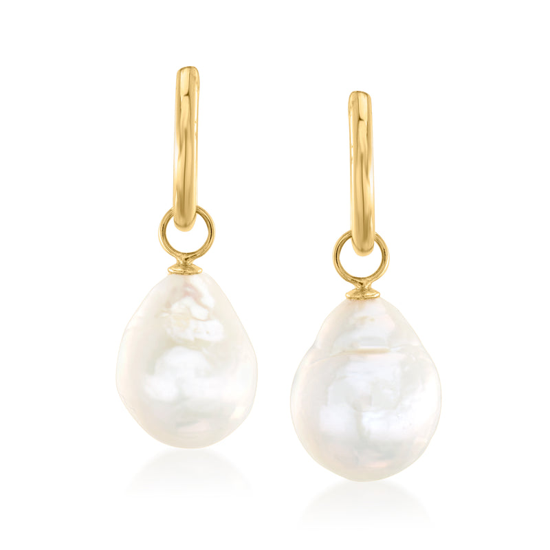 14kt yellow gold hoop drop earrings with white baroque cultured pearls, side view