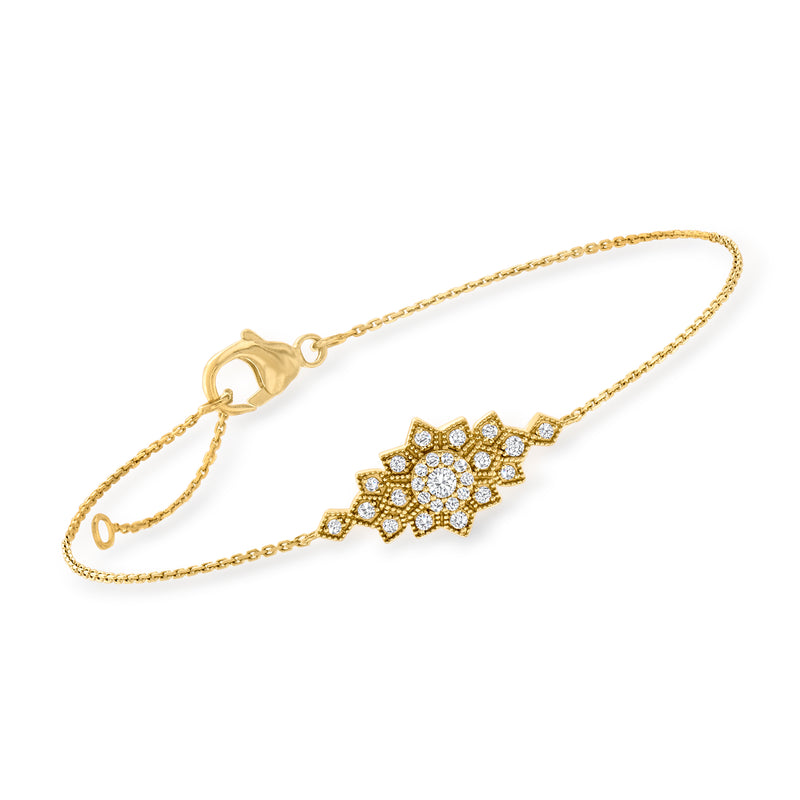 Gold-toned bracelet with diamond cluster floral centerpiece and link chain