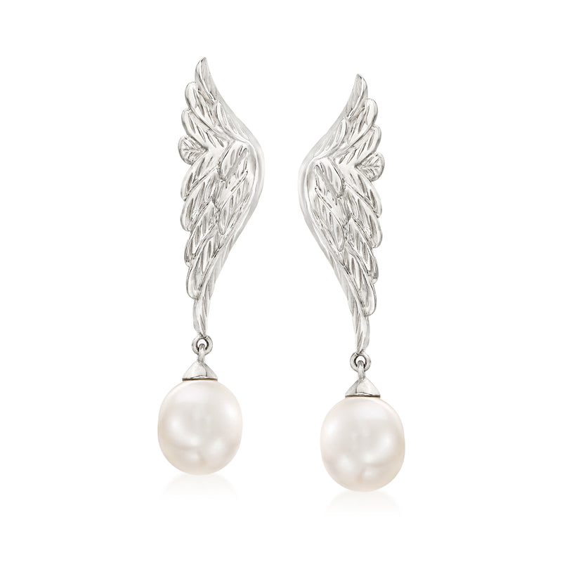 Sterling silver angel wing drop earrings with round cultured pearl drops