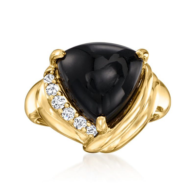Heart-shaped onyx ring in gold-tone with three round diamond accents
