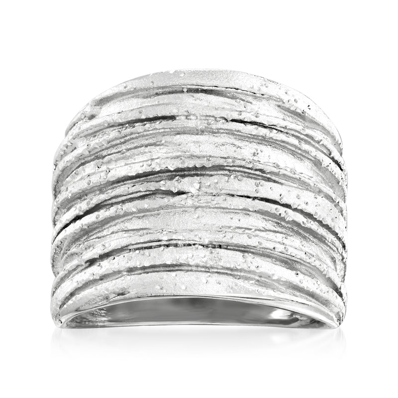 Sterling silver bark-texture sparkle ring with stacked ridged bands, wide profile