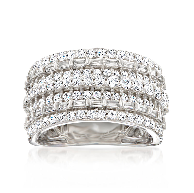 14kt white gold diamond ring with round and baguette stones in three-row band