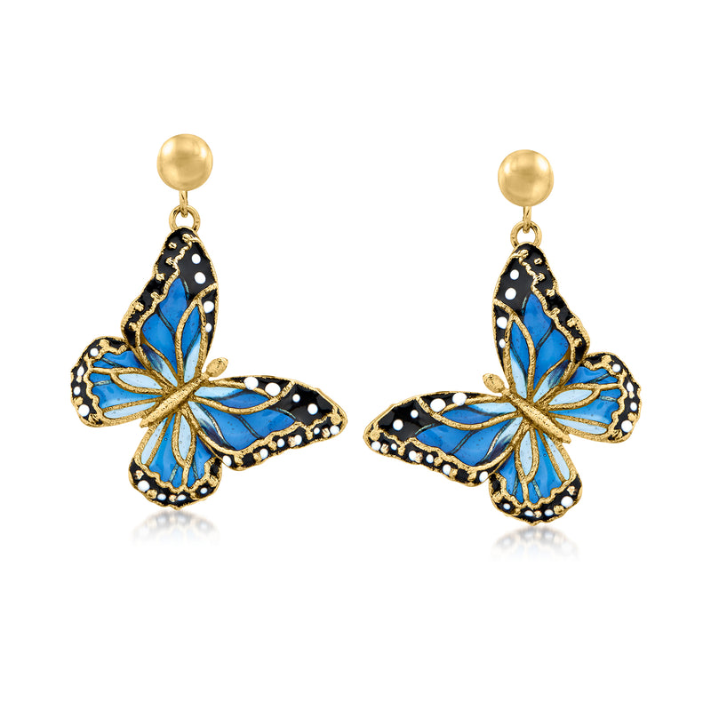 14kt yellow gold drop earrings with multicolored enamel butterfly dangles