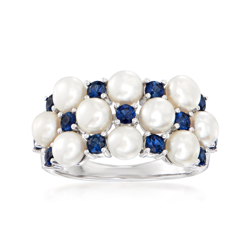 Sterling silver ring with clustered white cultured pearls and blue sapphire accents