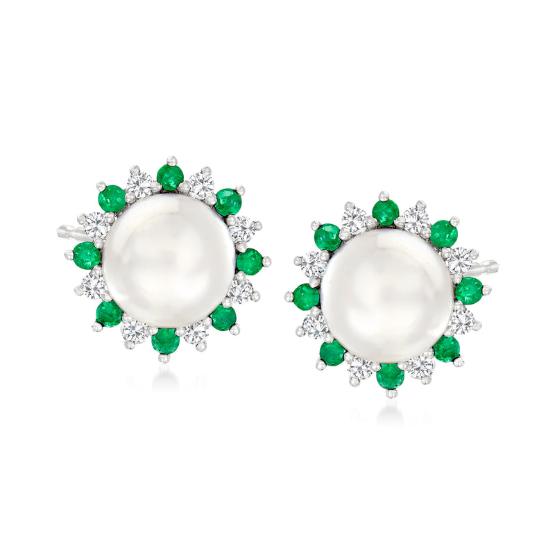 Sterling silver stud earrings with round cultured pearl, emerald green stones, zircon halo