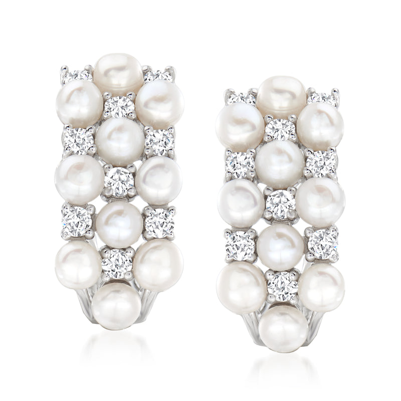 Sterling silver hoop earrings with clustered cultured pearls and white topaz stones