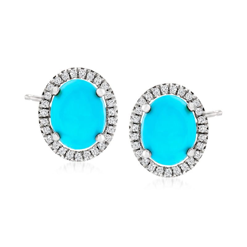 Turquoise oval halo stud earrings with white stones, sterling silver posts