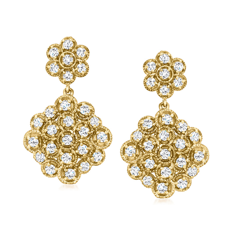 14kt yellow gold flower drop earrings with sparkling round diamond-like stones