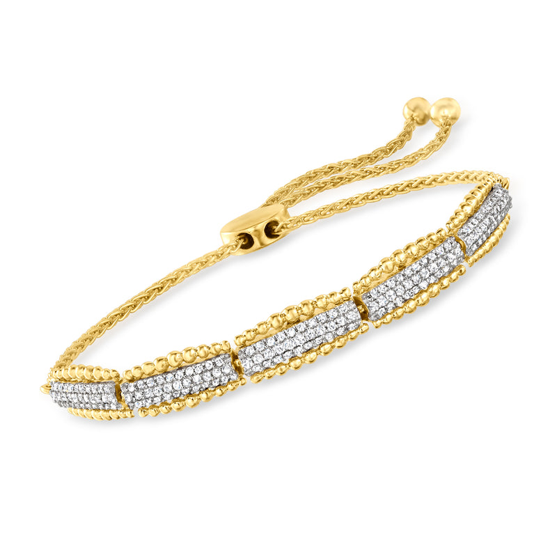 Diamond beaded-edge bolo bracelet in 18kt gold over sterling, with pavé stone bands