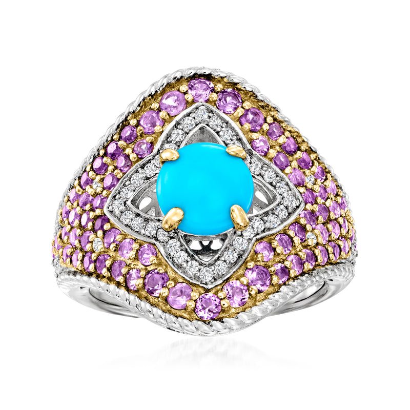 Turquoise, amethyst and white topaz ring in sterling silver and 18kt yellow gold