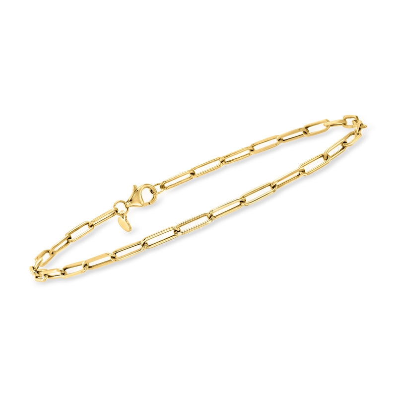 Yellow gold paper-clip link anklet with visible clasp and connected oval chain links