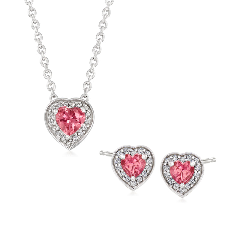 Sterling silver heart jewelry set with pink gemstone center and clear stone accents